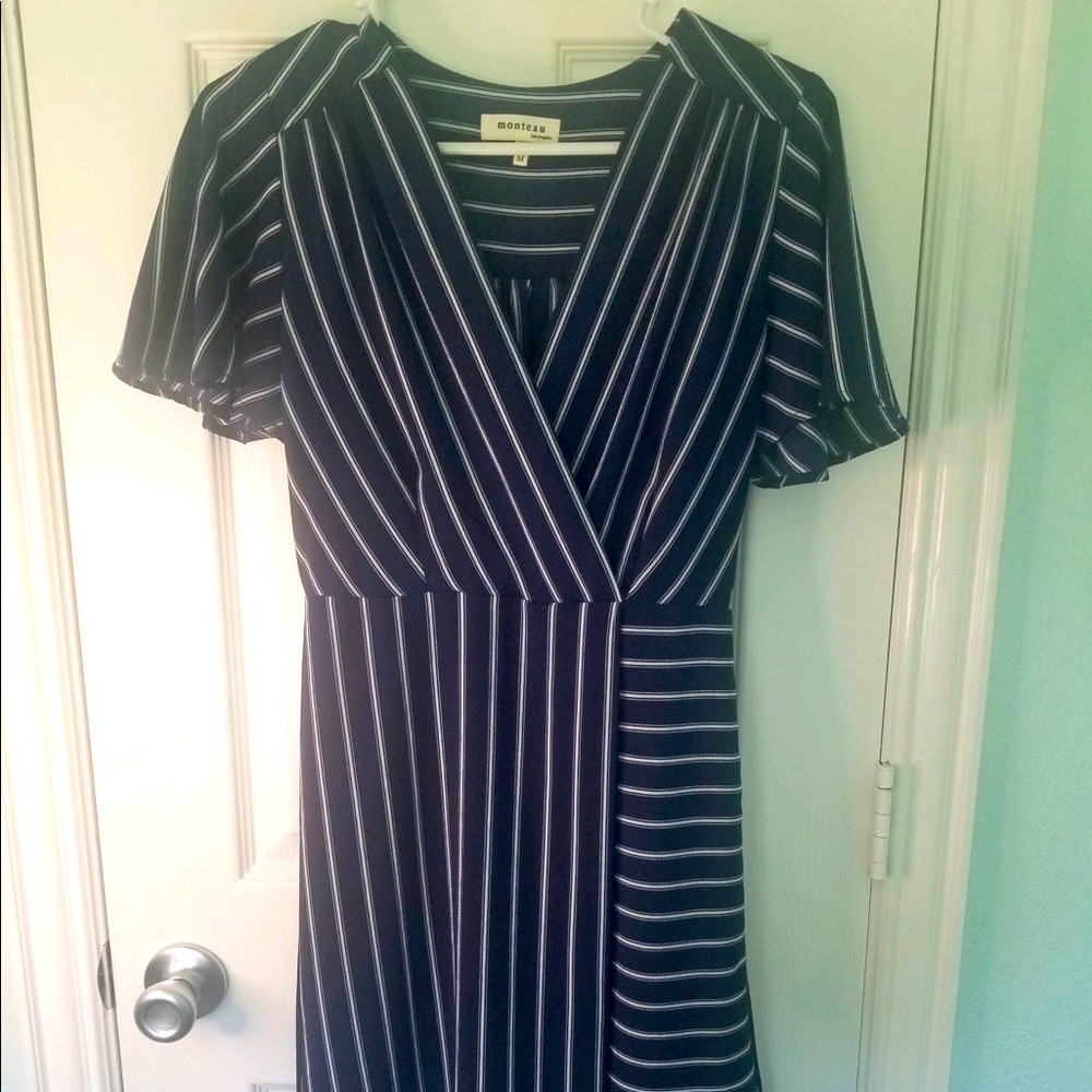 Navy blue and white striped midi dress with flutter sleeves